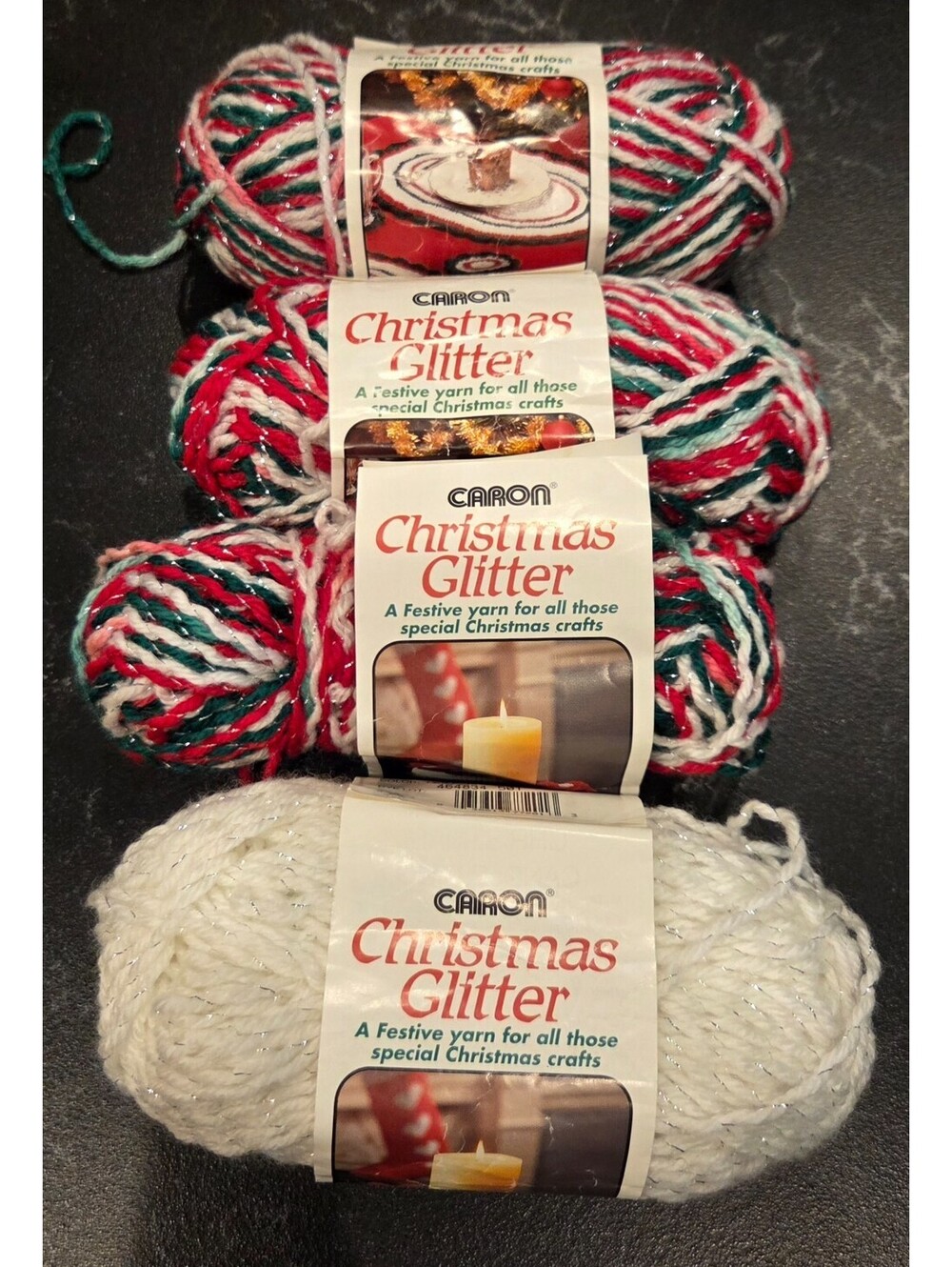 Caron Christmas Glitter Yarn Lot 4 Skeins 7235 Ombre 7201 White Vintage Holiday